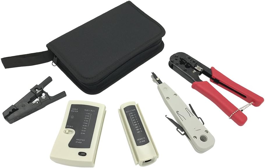 Ealona Network Cable Tool Kit 4 in 1 - Computer Ethernet Wire LSA Punchdown Tool, Dual-Modular Crimper, Stripper RJ45 RJ11 RJ12 CAT5 CAT 6,Lan Cable Tester Holiday Gift