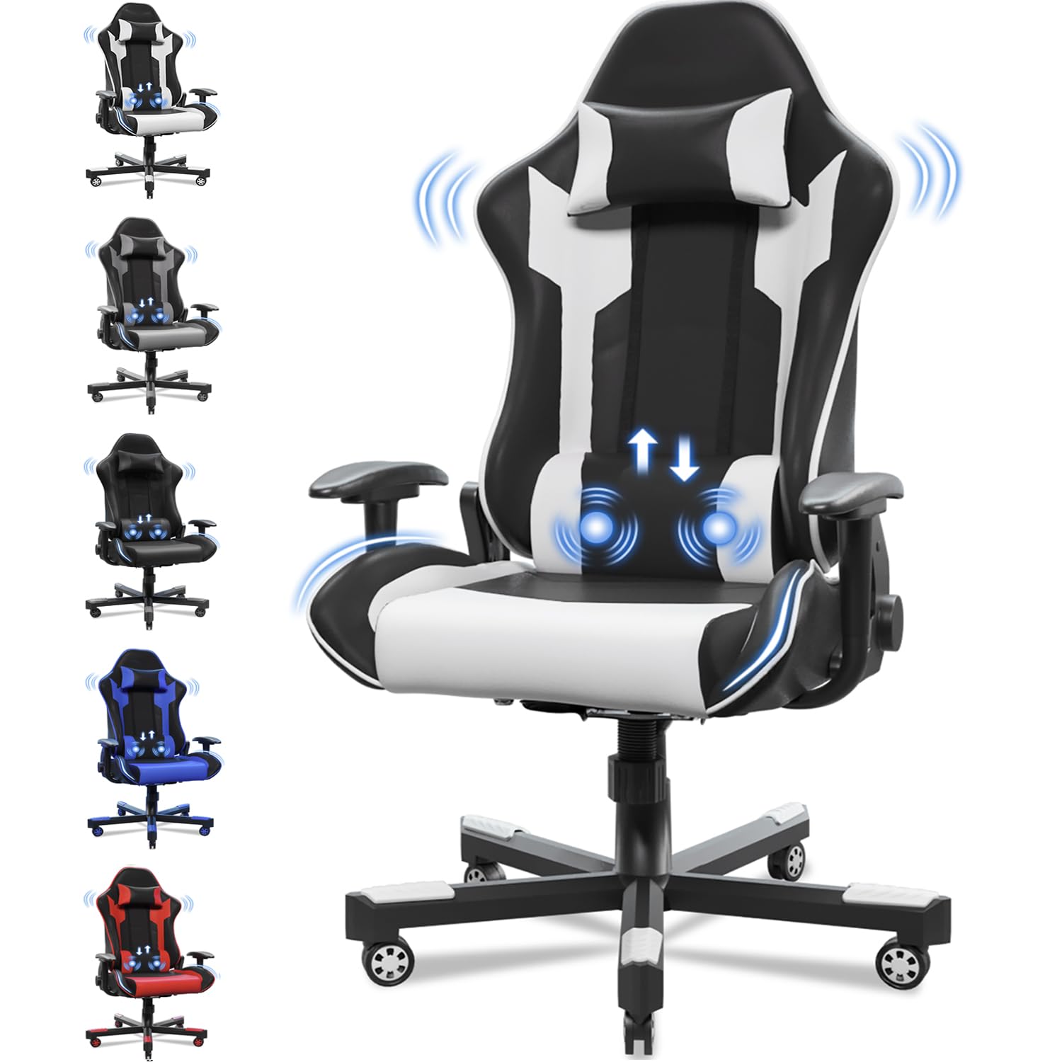 JUMMICO Sillón ergonómico con Soporte Lumbar, sillas de Ordenador de Carreras, sillas de Oficina, sillón de Masaje, Silla de Gaming, Capacidad de Carga de 150 kg, Color Blanco, XL