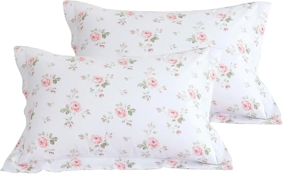 QSH 100% Cotton Floral Pillow Cases Standard Size Set of 2, Shabby Vintage Chic Rose Print Pattern Bedding Pillow Shams Standard Size, Envelope Closure Standard Pillow Covers Standard, 20x26