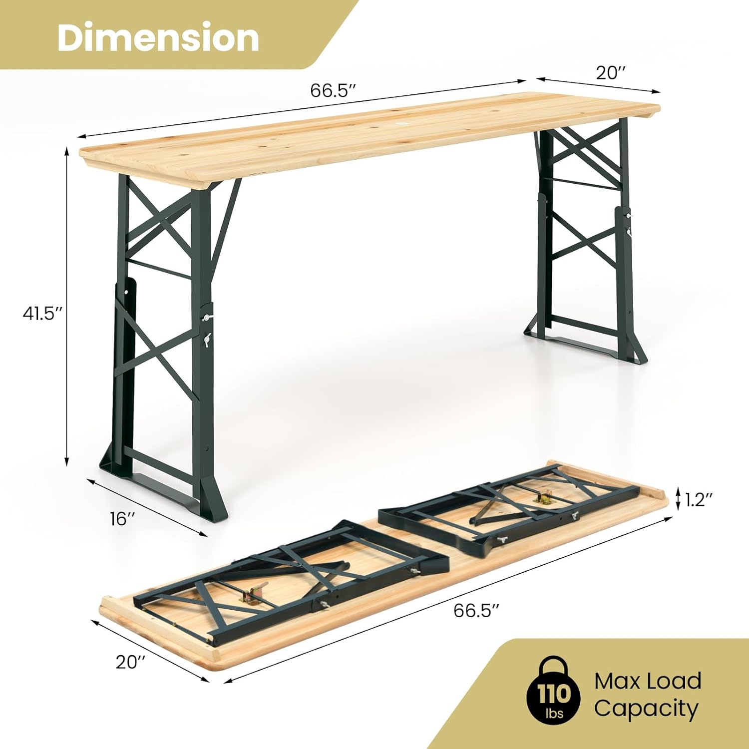 Giantex Folding Picnic Table, 66.5” Outdoor Patio Beer Table with Adjustable Heights, Rectangular Wood Portable Dining Table for Camping, RV, Garden, Party, Backyard, Natural