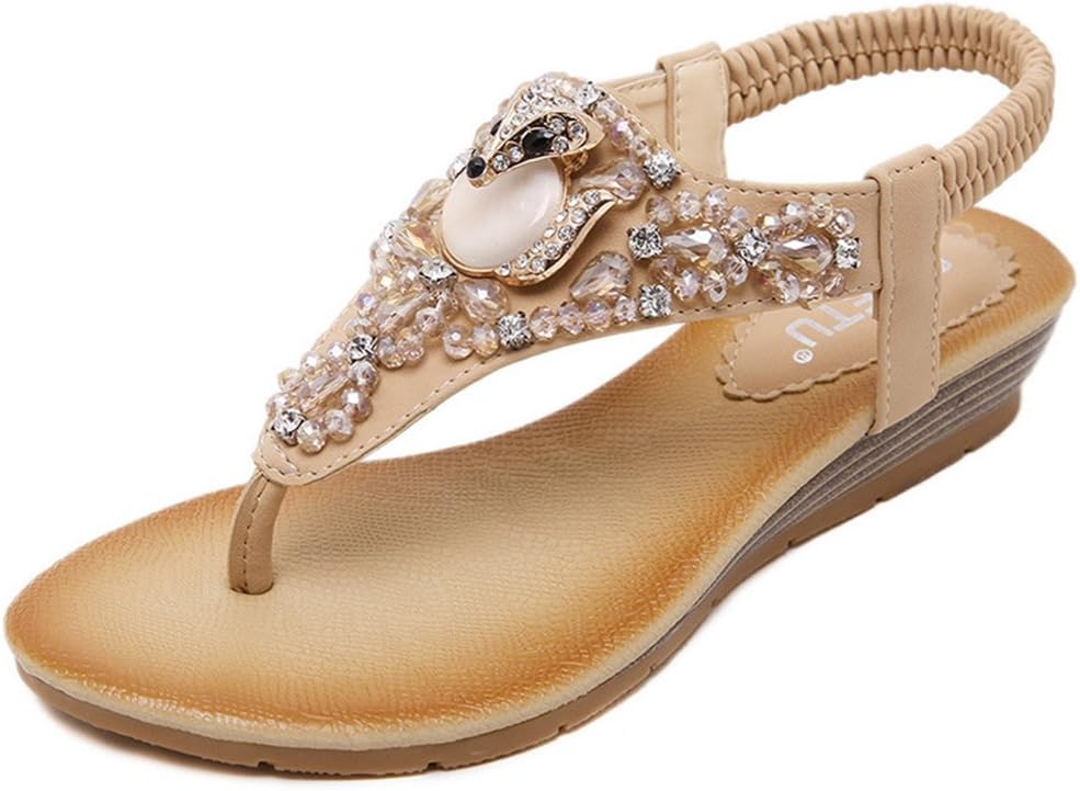 Women's Jeweled Anti-Skid Flip Flops Thong Sandles Flat Sandals Beige 37 6.5 D(M) US