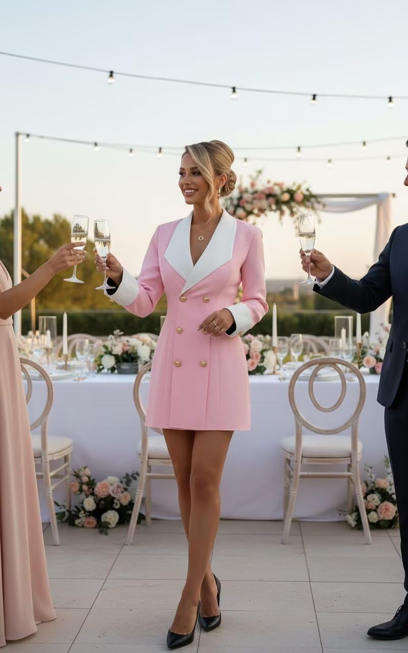 Blazer Dress for Women Sexy Elegant V Neck Bridesmaid Dresses Double Breasted Long Sleeve Blazer Jacket