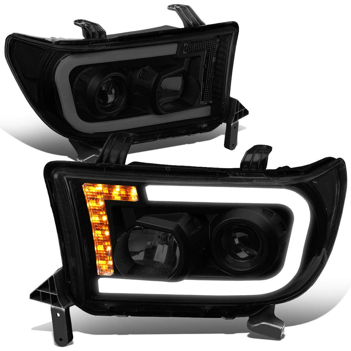 DNA MOTORING HL-LB-TT07-BK-SM-CL1 Pair LED DRL Tube+Turn Signal Projector Headlight Set Compatible with Toyota Sequoia 08-17 / Tundra 07-13,Black/Smoked Lens