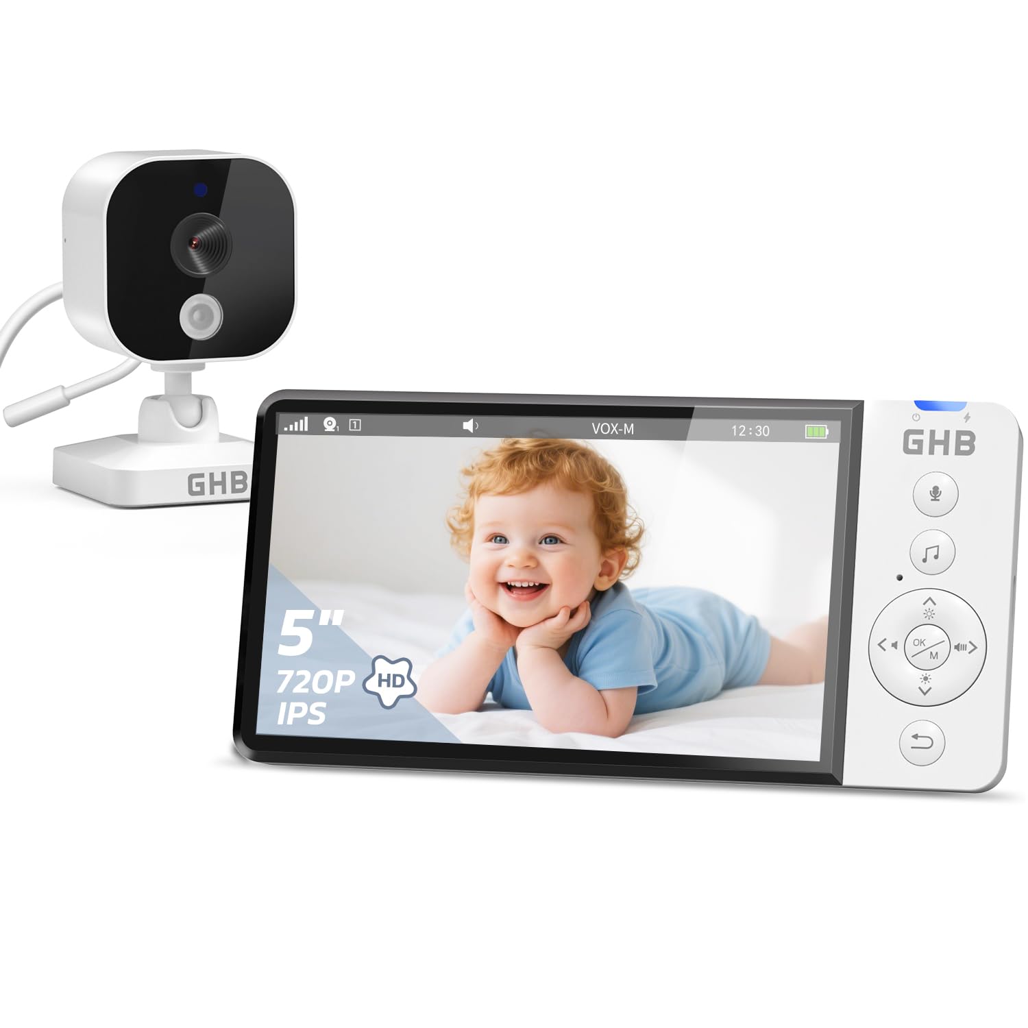 GHB Babyphone mit Kamera 5 Zoll HD 5000mAh IPS-Display 720P VOX-Modus 4X Zoom Nachtsicht Temperaturanzeige Zwei-Wege-Audio manuell drehbar - 2