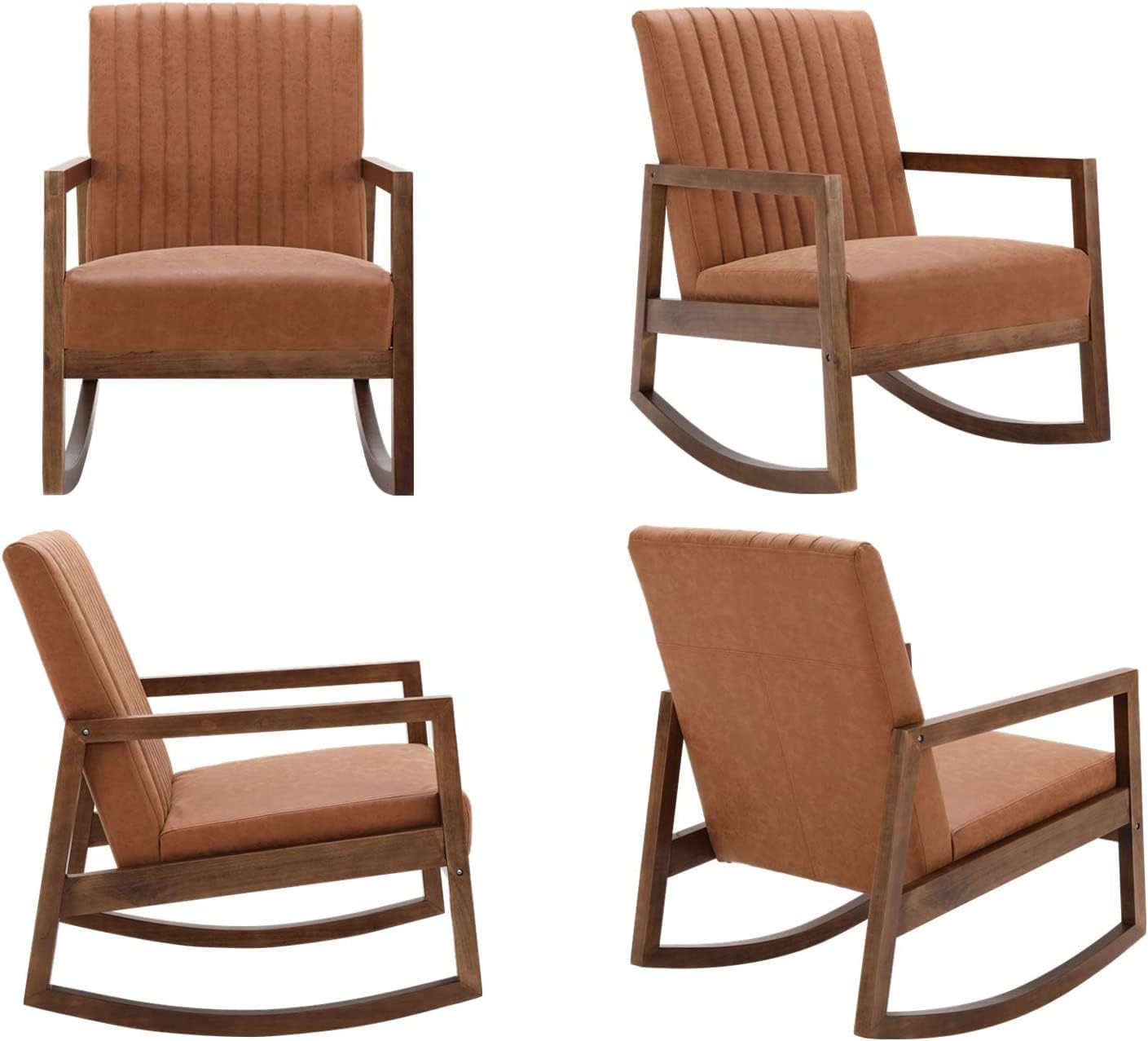 Faux Leather Rocking Chairs Set of 2 Mid Century Modern Recliner Accent Chair Comfy Lounge Arm Chair for Nursery Bedroom Living Room, Retro Brown PU