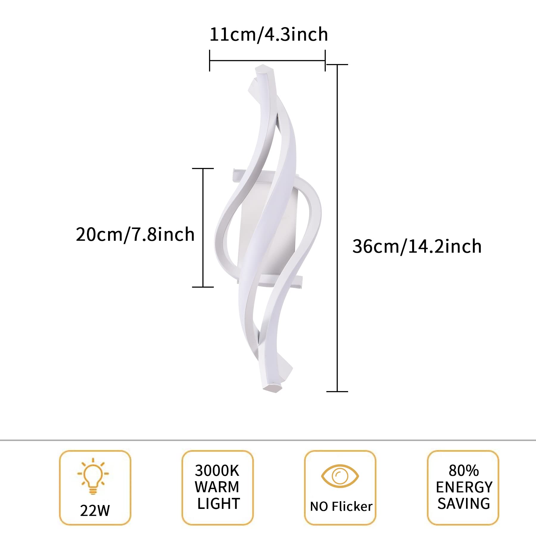 KUKAK Applique da Parete Interno,22W LED Luce Bianco Caldo 3000K 1800 Lumen Lampada da Parete,Moderno Design Curvo Lampade a Muro,Aplique Alluminio per Bagno Soggiorno Camera da Letto Scale Corridoio
