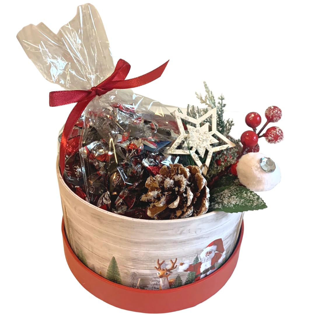 Regalo di Natale 2024 - Scatola Natalizia Tonda + 200gr Koflì Chicchi di Caffè Ricoperti di Cioccolato Fondente + Ramo di Bacca Decorativo - Confezione Regalo (200G KOFLI')