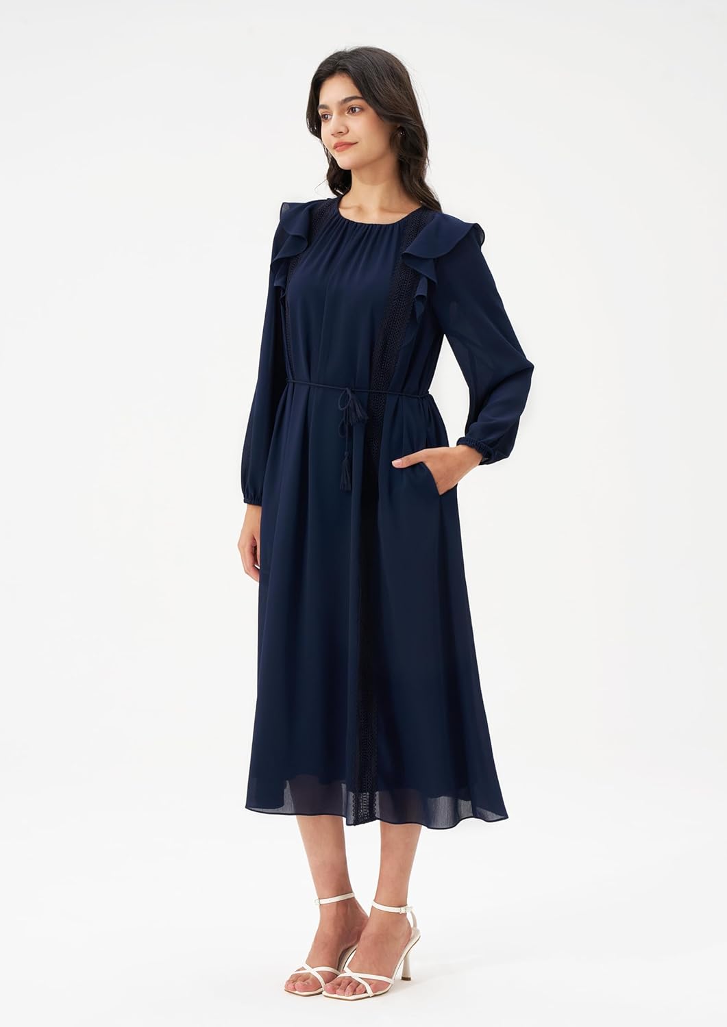 Women's Elegant Long Sleeve Midi Dress 2025 Spring Tie Waist Crew Neck Ruffled Casual Dresses with Pockets - Image 3