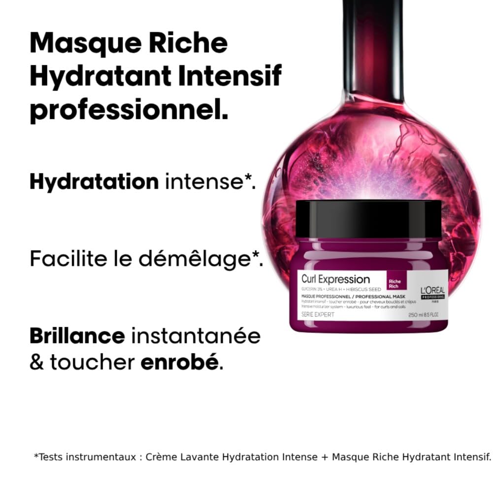 L'OREAL PROFESSIONNEL - Hydratation Riche & Intensive Curl Expression - Cheveux Bouclés, Frisés & Crépus - Hydratation Intense & Démêlage - Cheveux Doux & Brillants - Glycérine & Urée