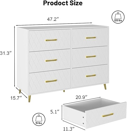 Miniatura 3 de Lamerge Cómoda blanca para dormitorio, cómoda de 6 cajones con mango de metal, cómoda de cajones moderna, cómoda de almacenamiento para sala de