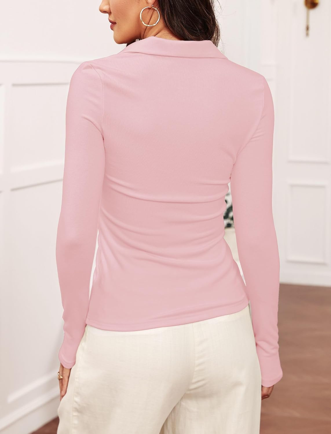 Prettywear Womens Long Sleeve Polo Shirts Business Casual Work Top Blouse Fitted Collared V Neck 2026 Spring Fashion Clothing - Image 5