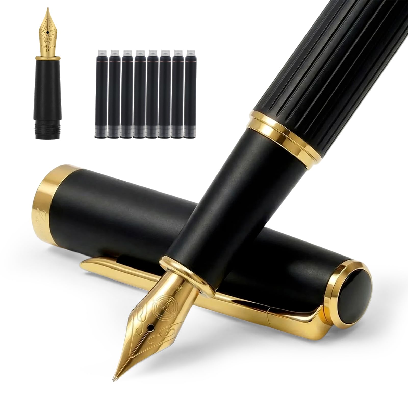 Fountain Pen,Elegant Fountain Pens with 2 Nib(F/EF) 8 black ink cartridges,Fancy Pen for Journaling and Calligraphy,Nice Pens for Writing,Calligraphy Pen,Writing Pen Gift box (Black)