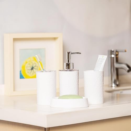 Miniatura 4 de fontal Juego de accesorios de baño blancos, juego de accesorios de baño de plástico, dispensador de loción, soporte para cepillo de dientes, taza de