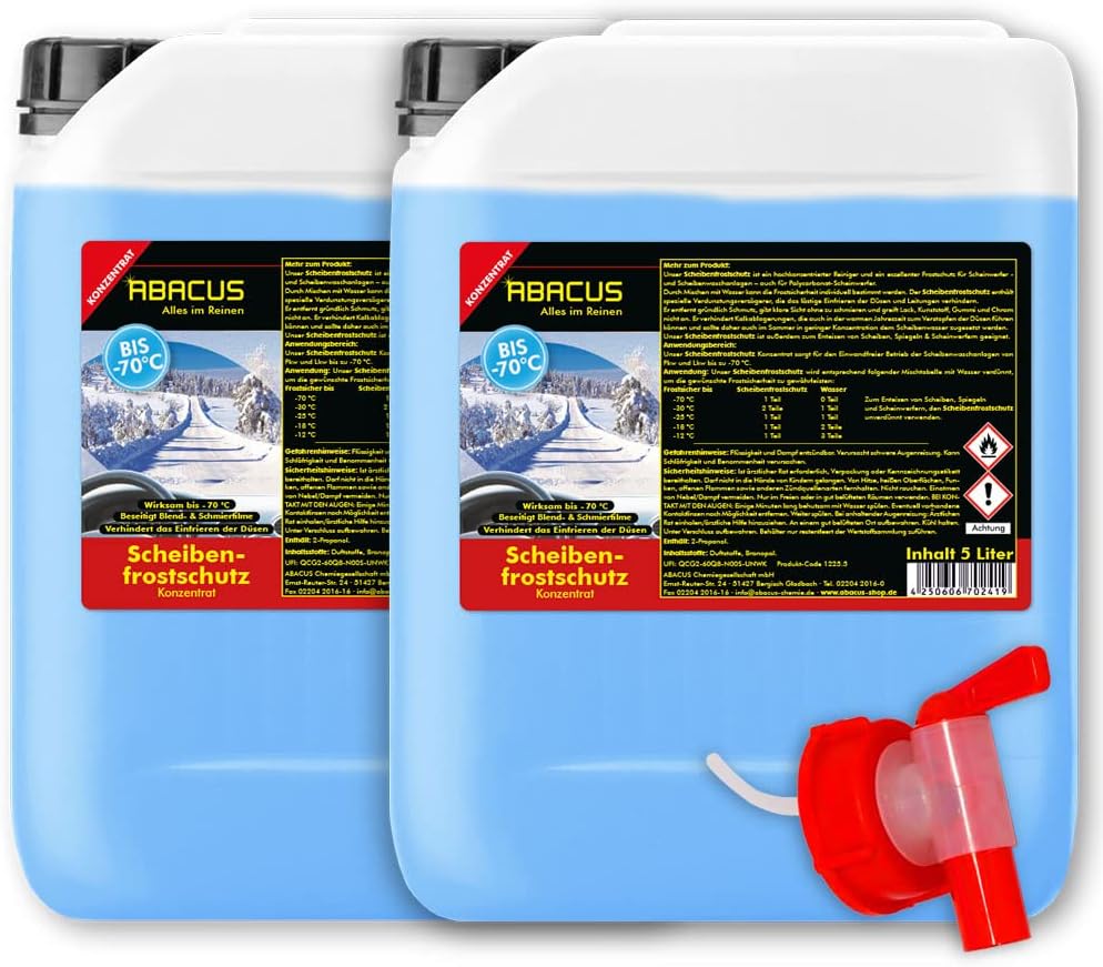 ABACUS® Scheibenfrostschutz bis -70 °C, Scheibenfrostschutz Konzentrat, Frostschutzmittel Scheibenwaschanlage – Scheibenfrostschutz Konzentrat mit Auslaufhahn 10 Liter (1225.10a)