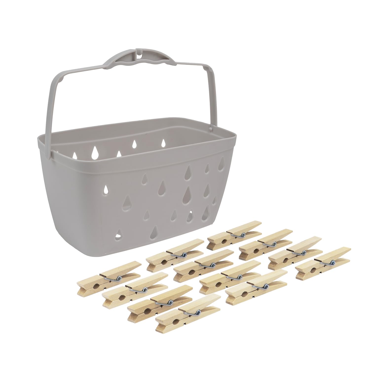 JVL Plastic Peg Basket, Grey with 102 Birch Wood Pegs, Brown