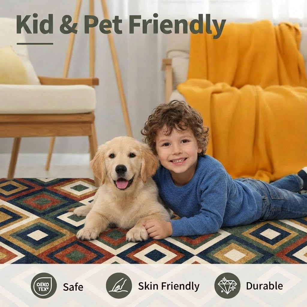 5x7 Retro Geometric Diamond Area Rug - Non-Slip Washable Low Pile, Olive Green Rust Red Navy Layered Pattern Carpet for Bedroom, Living Room, Dining Area, Home Office