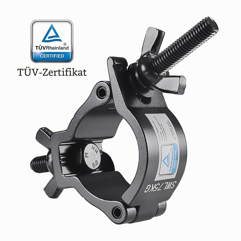 Traversen-Klemme, Bühnenlichtklemme, professionell, 35–40 mm, Aluminium, schwarz, kleine Größe, Lichtklemmen mit TÜV-zertifiziert, robuste 75 kg Beleuchtungsklemmen, passend für 3,6–4,6 cm