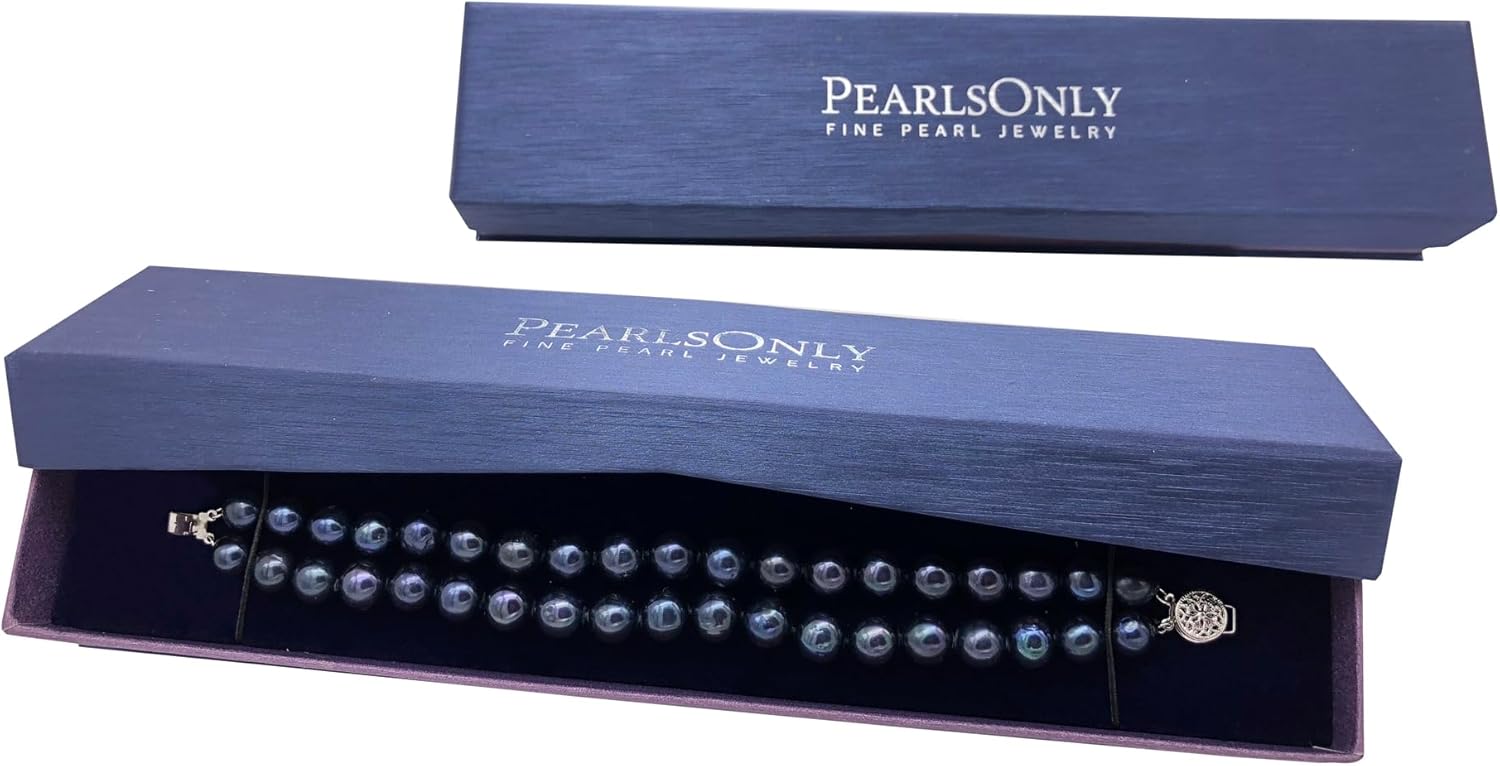 Black 8-9mm Double Strand A Quality Freshwater Sterling Silver Cultured Pearl Bracelet For Women