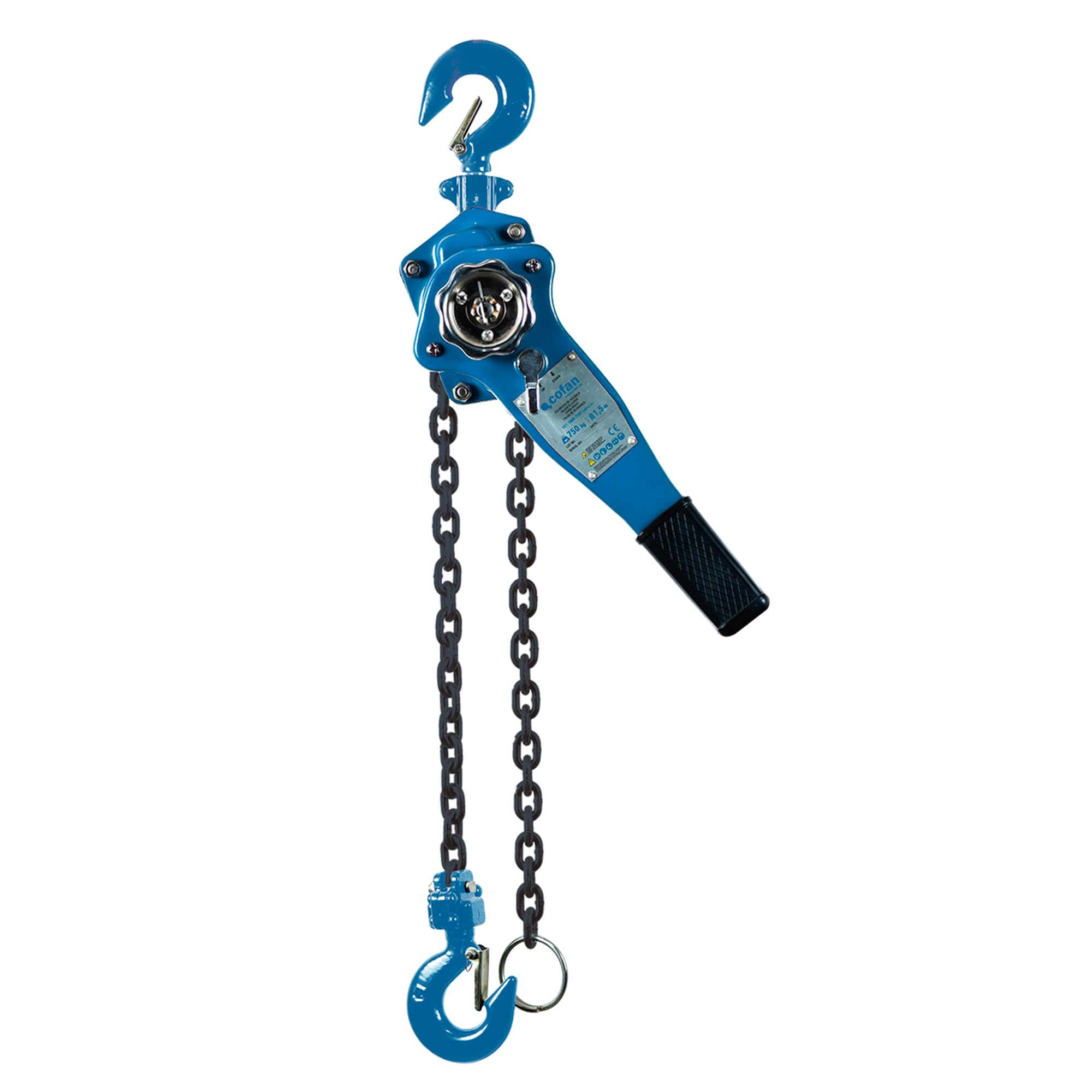Cofan Polipasto manual de palanca | Altura de elevación: 1,5 m | Capacidad de carga: 750, 1500 o 3000 kg | Color: azul | Material: acero | Gancho resistente (Azul, Carga 3000 kg)