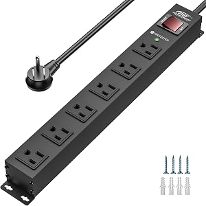 CRST 6 Outlet Heavy Duty Metal Power Strip with Switch, 15A/1875W, 15 FT | 1.7" Wide Spacing for Bulky Plugs, 2100J Surge Protector Mountable Power Strip for Garage, Workshop, Home, Office