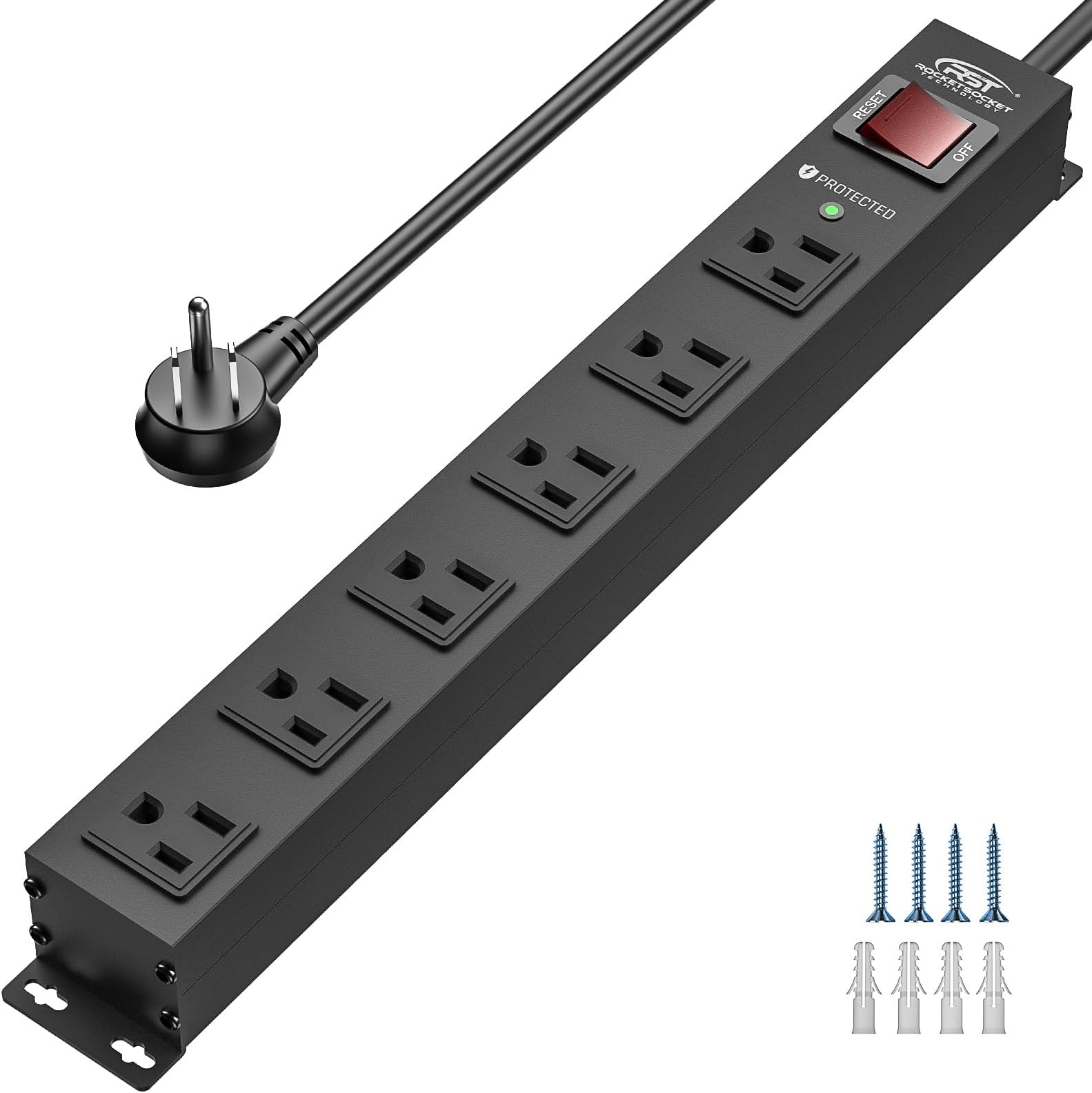 6 Outlet Heavy Duty Power Strip with Switch, 15A/1875W Metal Mountable Power Strip Surge Protector 2100Joules, Wide Spaced Power Bar for Garage Worshop, 6 FT Cord