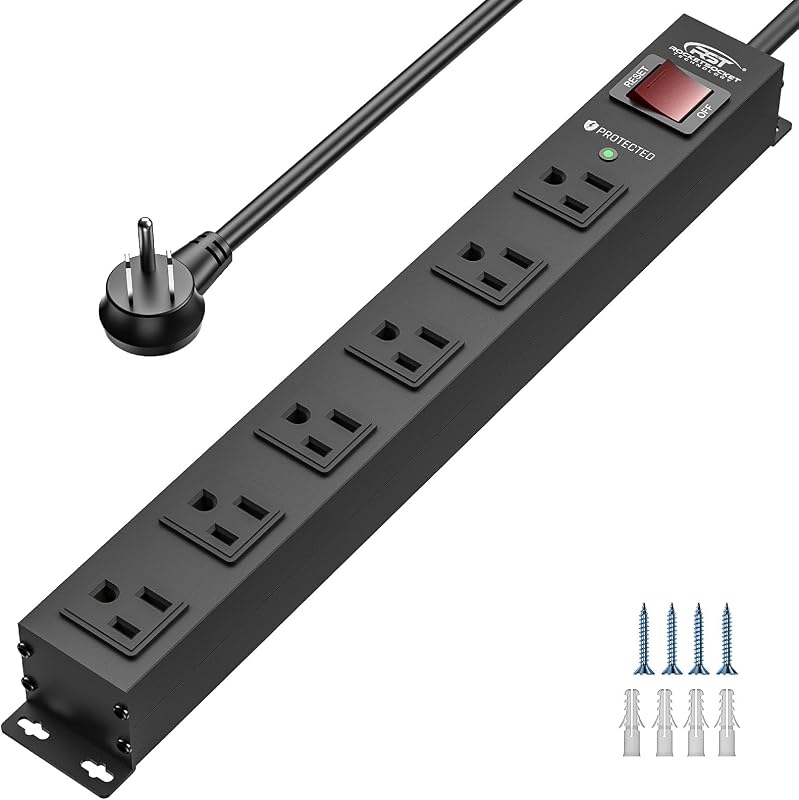 6 Outlet Heavy Duty Metal Power Strip with Switch 15A/1875W, 6FT Cord | 2100Joules Mountable Surge Protector Power Strip, Wide Spaced Power Bar for Garage Worshop Home School Office