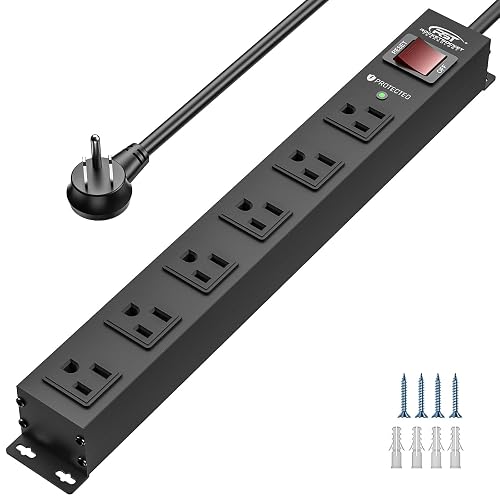 CRST 6 Outlet Heavy Duty Metal Power Strip with Switch 15A/1875W, 6FT Cord | 2100Joules Mountable Surge Protector Power Strip, Wide Spaced Power Bar for Garage Worshop Home School Office