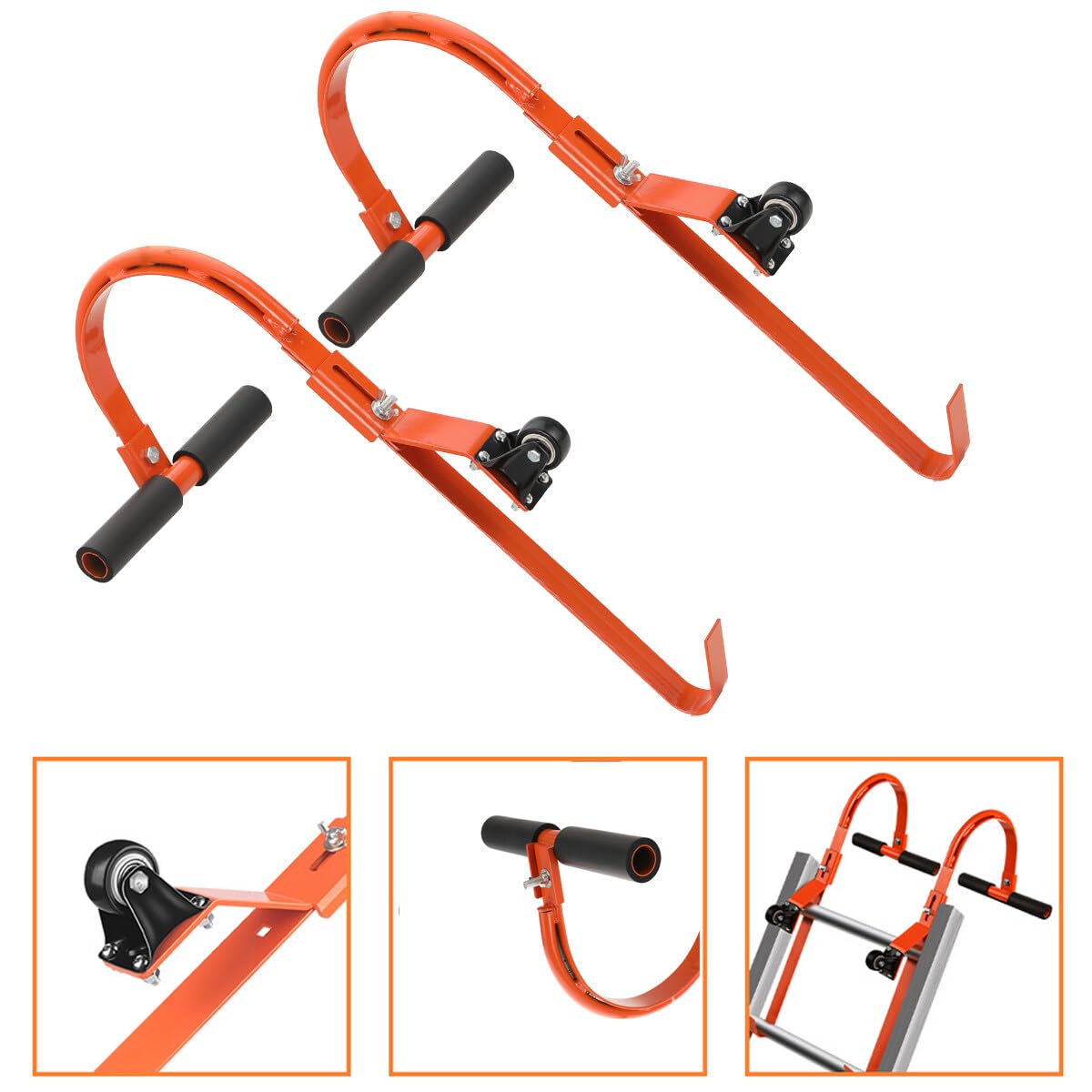 2 Stücke Dachleiterhaken Dachhaken Leiterhaken, Leiterzubehör, Universal Leiter Verlängerung, Stahlleiter Stabilisator für Dach, max 500lbs mit stationären Rädern und Gummigriff T-Bar