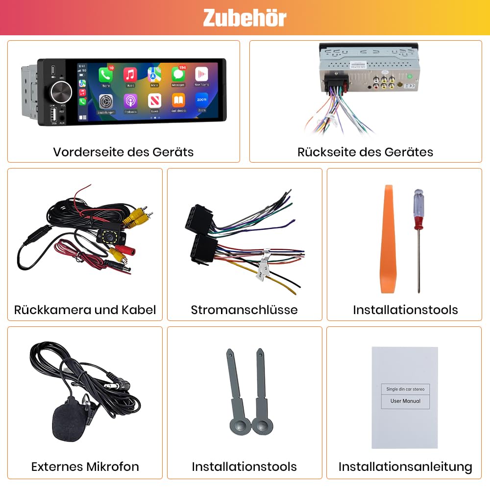 1 DIN Universales Autoradio, Carplay, Android Auto, Online-Navigation | 6,36 Zoll Touchscreen, RDS, Typ-C-Anschluss, USB-Anschluss, Bluetooth, Rückfahrkamera