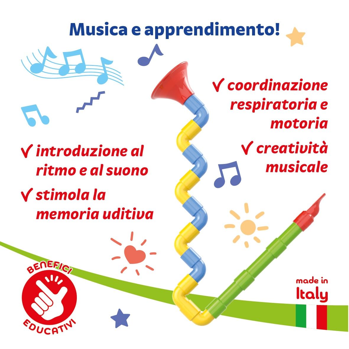 Quercetti Saxoflute, Giochi Musicali 2 Anni fino ai 4 Anni, Costruzioni per Bambini 3 Anni, Flauto e Tromba con Tubi Colorati, Giochi per Bambini Made in Italy