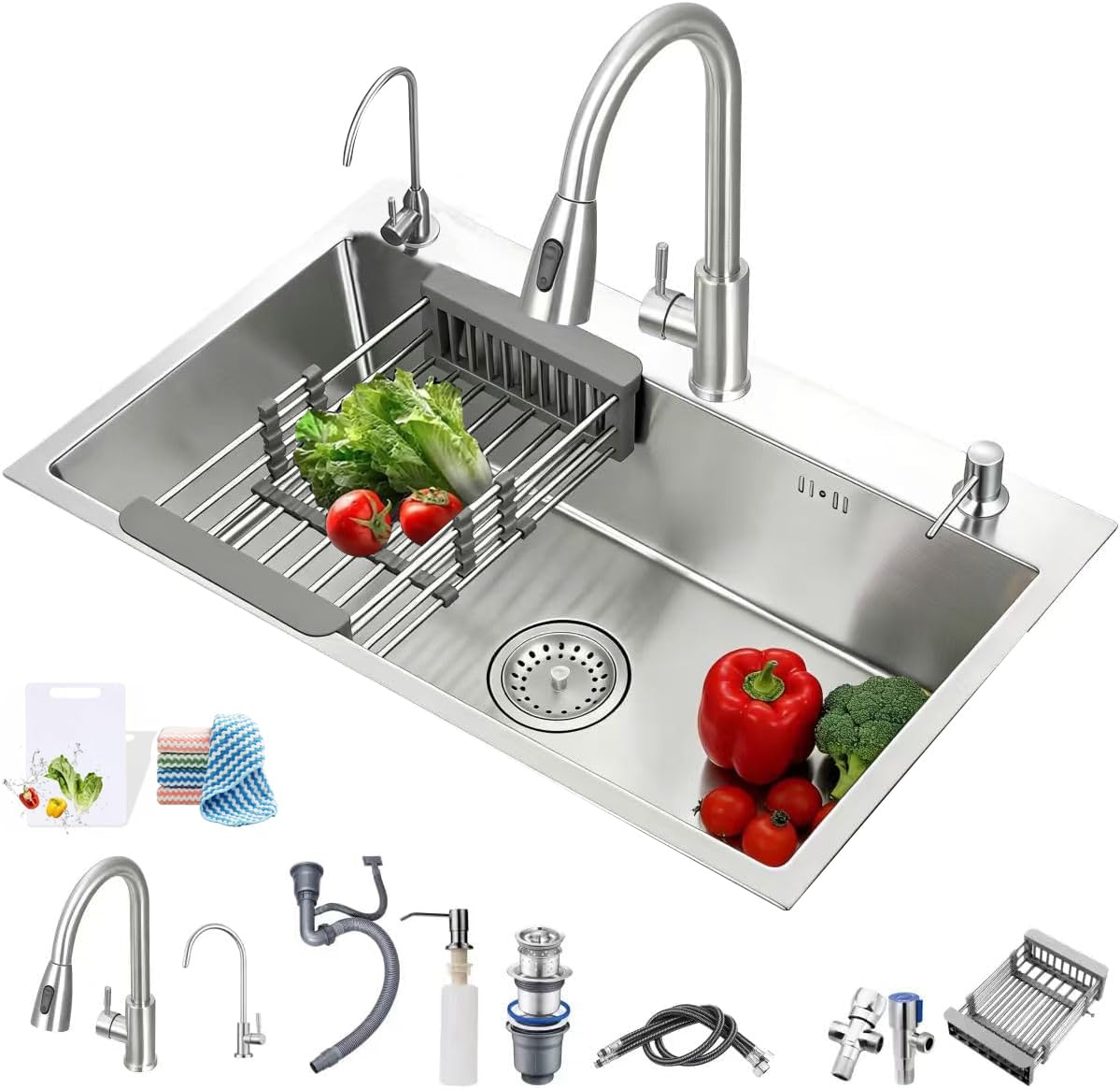 Fregadero de cocina de acero inoxidable, fregadero de banco de trabajo empotrado/montado en la parte superior con accesorios deslizantes, fregadero de banco de trabajo con múltiples accesorios
