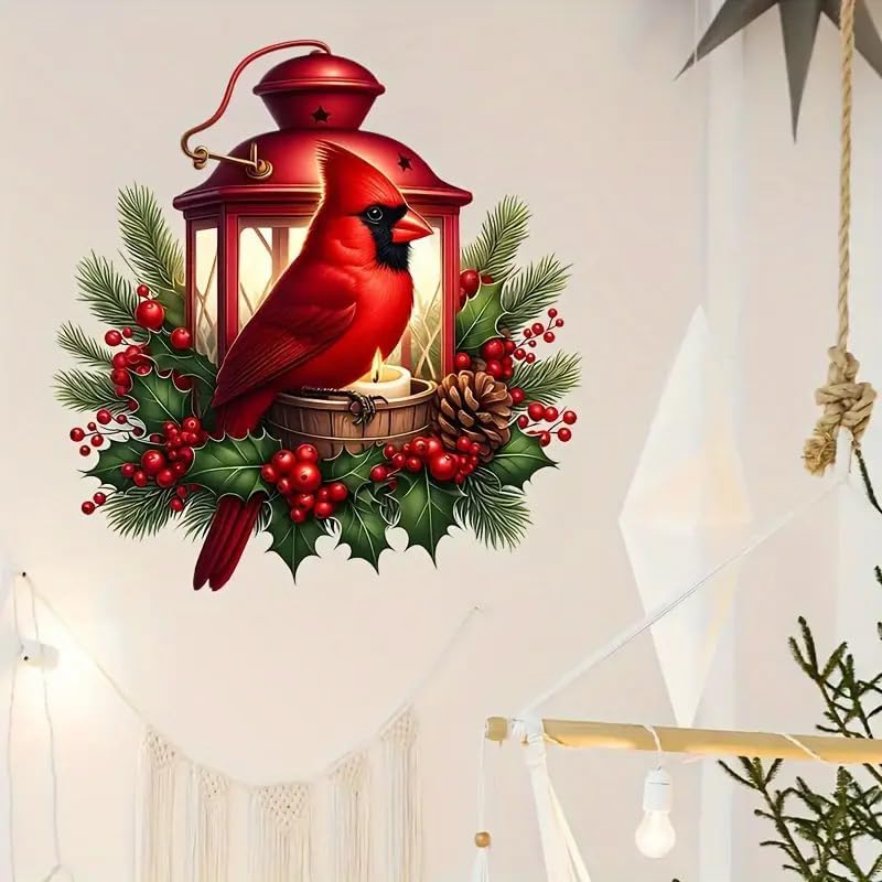 Christmas Red Bird Lantern Fruit Toilet Cover Sticker Decals,Fish Bird Flower Leaf Waterproof Toilet Lid Tank Seat Decals Cistern Self-Adhesive Bathroom Wall Sticker