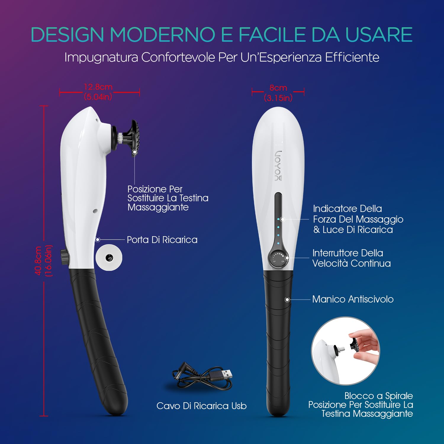 VOYOR-HEALTH Massaggiatore Schiena Elettrico Palmare per Collo e Spalle | Massaggio a Percussione Elettronico Senza Fili con 3 Teste di Massaggio, Ideale per Schiena, Gambe e Piedi, MH560