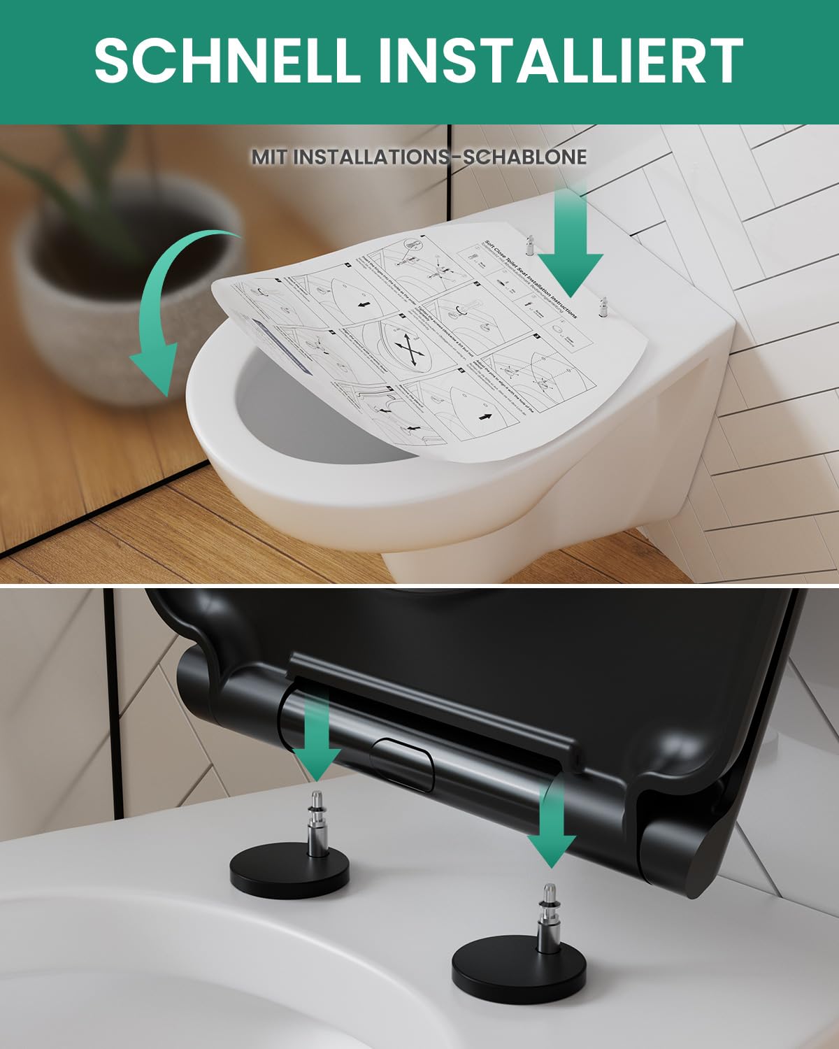 ANYCEE Tavoletta WC con Chiusura Ammortizzata, Copriwater Universali in Duroplast, Coperchio Water con Antibatterico, Asse WC O Forma, Sedile WC con Sgancio Rapido, Rapido Montaggio, Nero