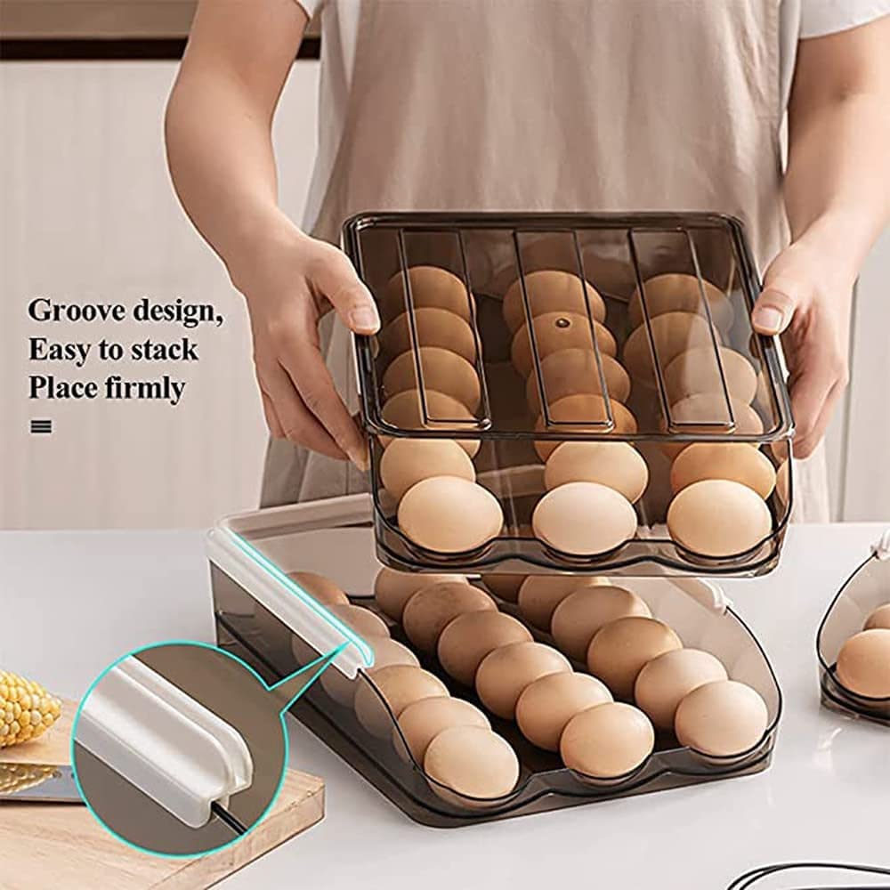 , Soporte de Huevos de rodamiento automático para refrigerador, organizadores de frigorífico y Caja de contenedores de Almacenamiento, Bandeja de Ahorro de Espacio (Dos Capas)