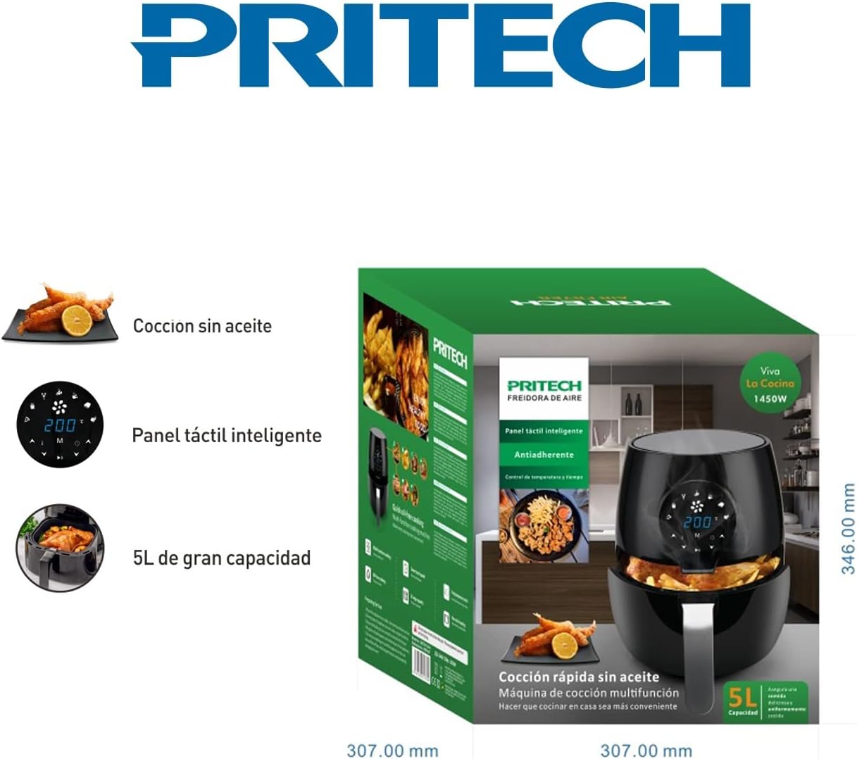PRITECH Friggitrice senza olio 5 l, Friggitrice ad aria calda, 5 l, pannello touch, 7 programmi preimpostati, regolabile fino a 200 °C, timer 60 minuti, spegnimento automatico, 1450 W PRITECH Friggitrice senza olio 5 l, Friggitrice ad aria calda, 5 l, pannello touch, 7 programmi preimpostati, regolabile fino a 200 °C, timer 60 minuti, spegnimento automatico, 1450 W