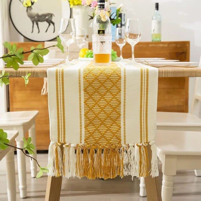 Image of ALSTONIA Luxurious Natural Cotton Handmade Table Runner with Tassels for 6 to 8 Seater Dining Table Self Designer Pattern (14 x 72 inches)-Pack of 1 (Yellow)