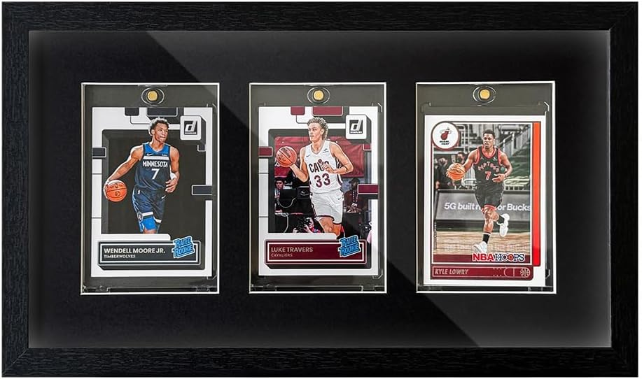 sports card display frame with tempered glass, wall mount or tabletop trading card display case, baseball card display box for 3 standard cards, frame for basketball football hockey cards 3 cards