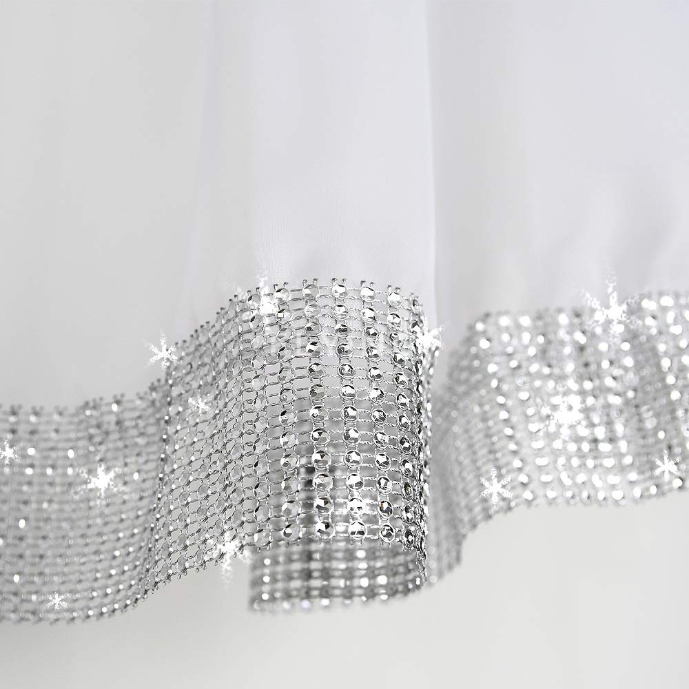 FKL DESIGN Voile Curtain with Satin Ribbon White Modern Beautiful Kitchen Curtain 400 cm x 85 cm with Ruffle Ribbon and Zirconia LB-271 (85 x 400 cm) - Image 4