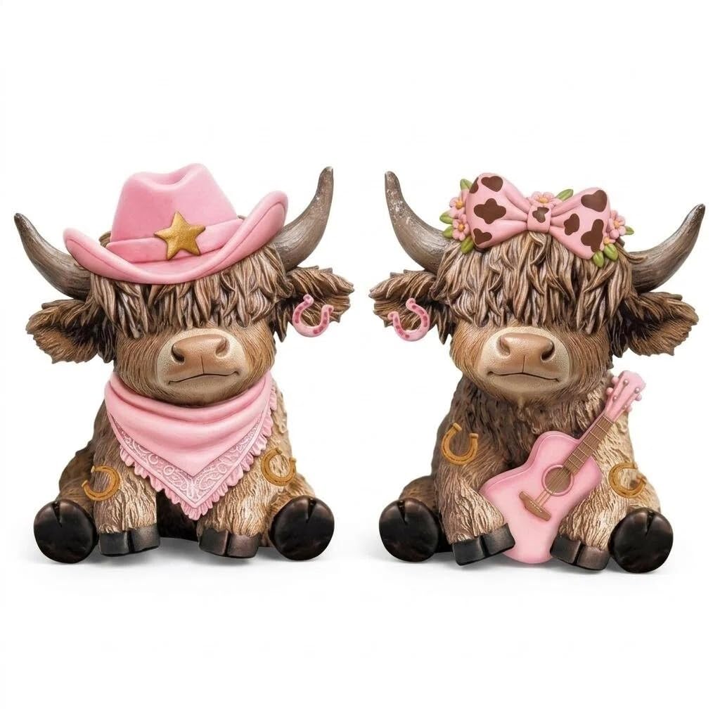 Cosiesnest 2Pcs Highland Cow Highland Cow Gifts Highland Cow Ornaments 2D Flat Decor Highland Cow Gifts for Women 10cm x 8cm for Home Decor Living Room Bedroom Ornaments (Pink)