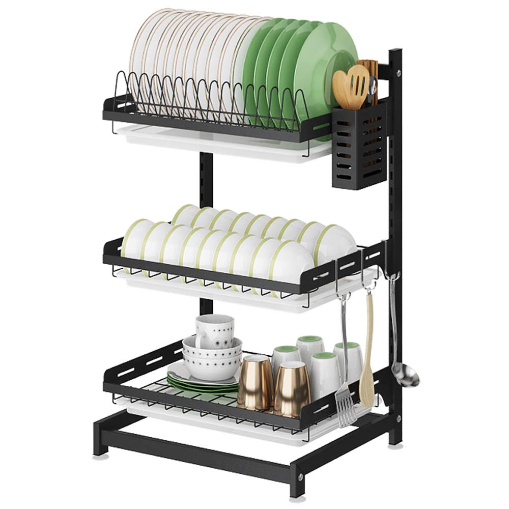 TYUHDUYUR Stainless Steel Dish Drainer Rack with Drip Tray, Kitchen Dish Drying Rack with Utensil Holder, Drainboard Height Adjustable/3 Layers (3 Layers) ()
