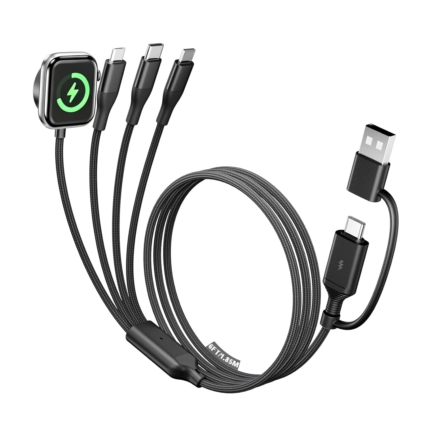 A-Pce 4-in-2 Multi Charging Cable with Smartwatch Charging, Black-6FT