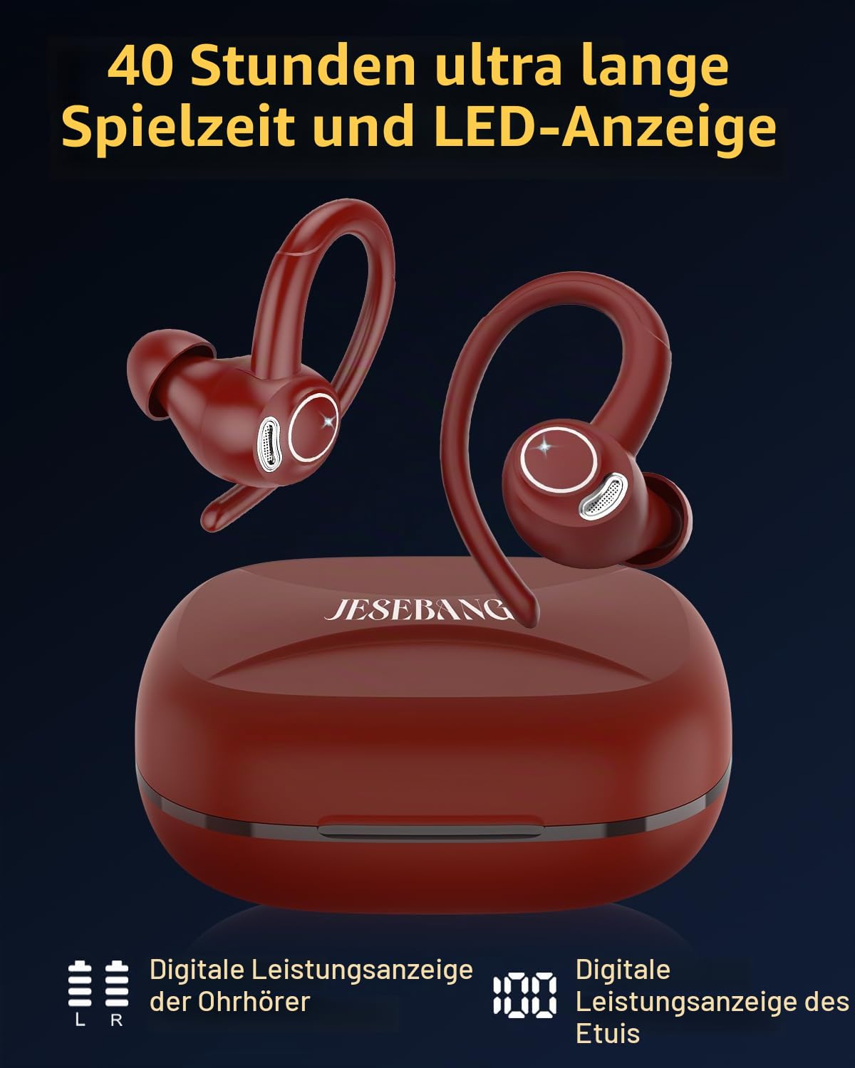 Bluetooth Kopfhörer Sport, in Ear Kopfhörer Kabellos Bluetooth 5.3 mit HD Mic, Herausragender Sound, 40 Std Spielzeit, Comfort Fit, Dual LED-Anzeige, IP7 Wasserdicht Ohrhörer mit Ohrhaken, Red