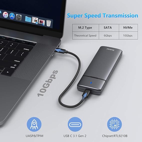 10Gbps M.2 NVMe SATA SSD Enclosure Adapter, Tool-Free Case | USB 3.2 Gen2 reader, NVMe Enclosure supports UASP / Trim and M-Key/B+M Key SSD size 2230/2242/2260/2280