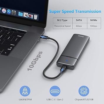 10Gbps M.2 NVMe SATA SSD Enclosure Adapter, Tool-Free Case | USB 3.2 Gen2 reader, NVMe Enclosure supports UASP / Trim and M-Key/B+M Key SSD size 2230/2242/2260/2280