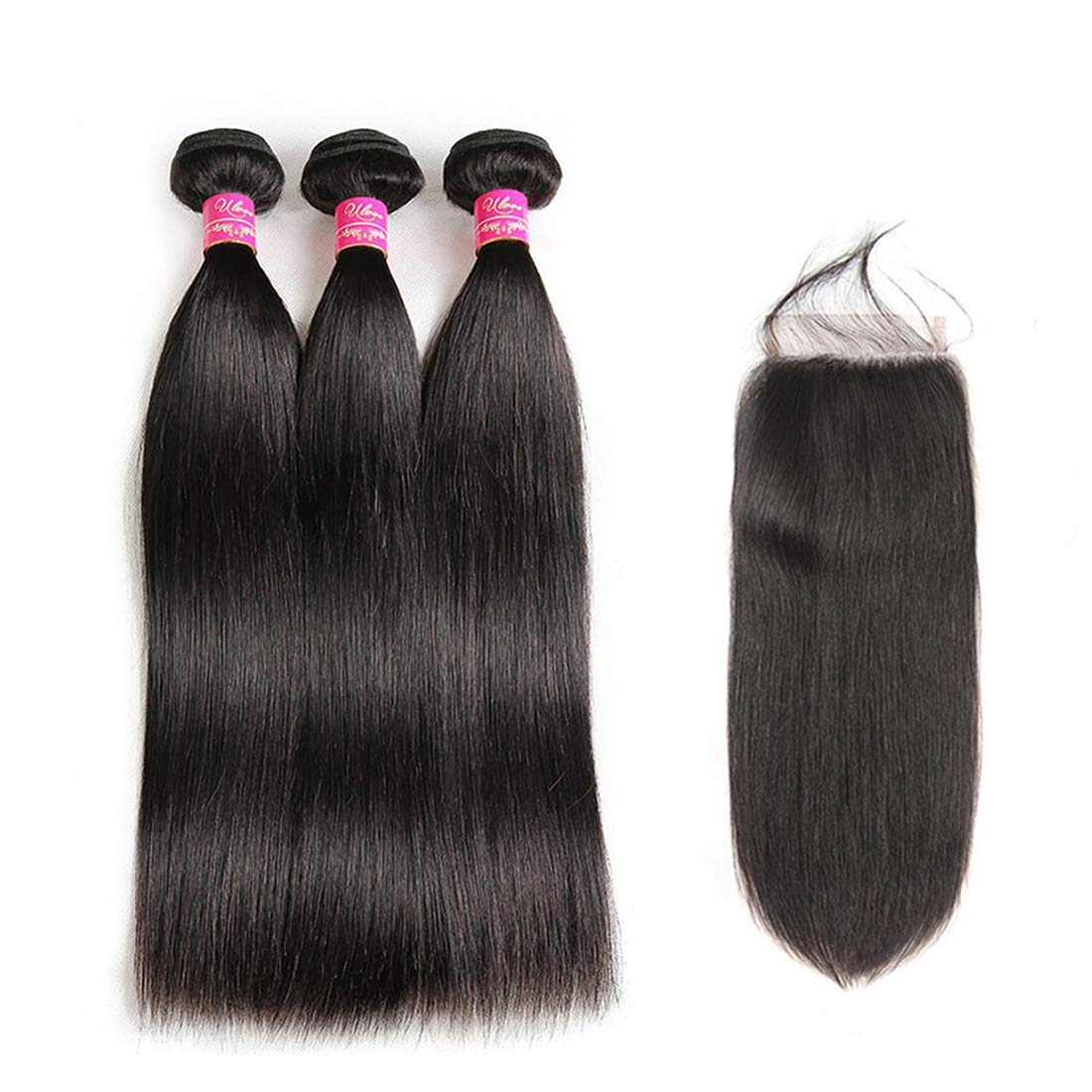 ULOVE HAIR Brazilian Straight With Closure 3 Bundles Unprocessed Virgin Human Bundles With Free Part Lace Closure Extensions Natural Color (16 18 20 +14", Free Part)