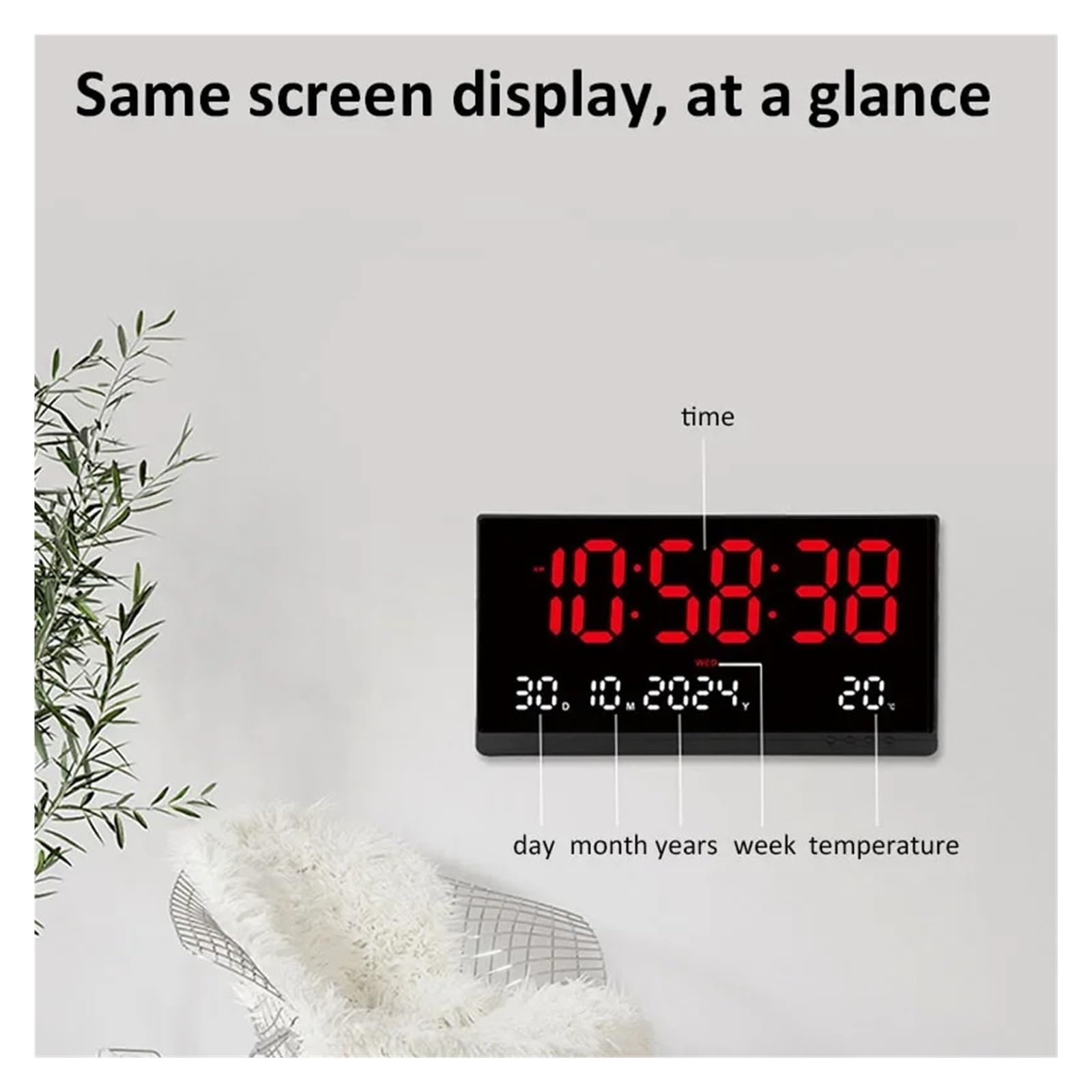 SAeWare Sveglia digitale, grande orologio da parete digitale da 53 cm, alimentato tramite USB, calendario 12/24 ore, ora, giorno, mese, anno, temperatura, sveglia elettronica a LED, per tavolo da