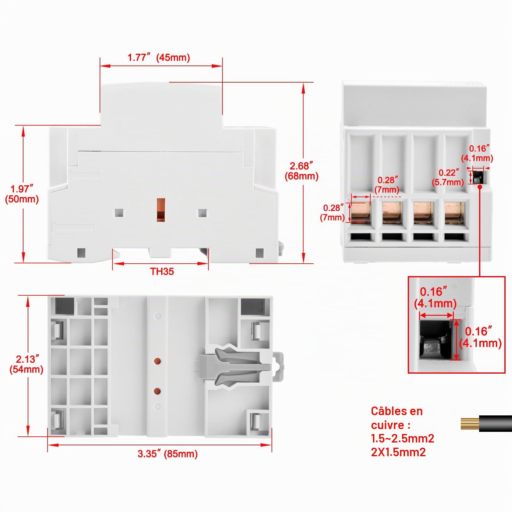 Heschen Contacteur AC domestique, HS1-32, Ie 32A, 4 pôles 2NO 2NC, tension de bobine AC 220V, montage sur rail DIN 35 mm, homologué TUV