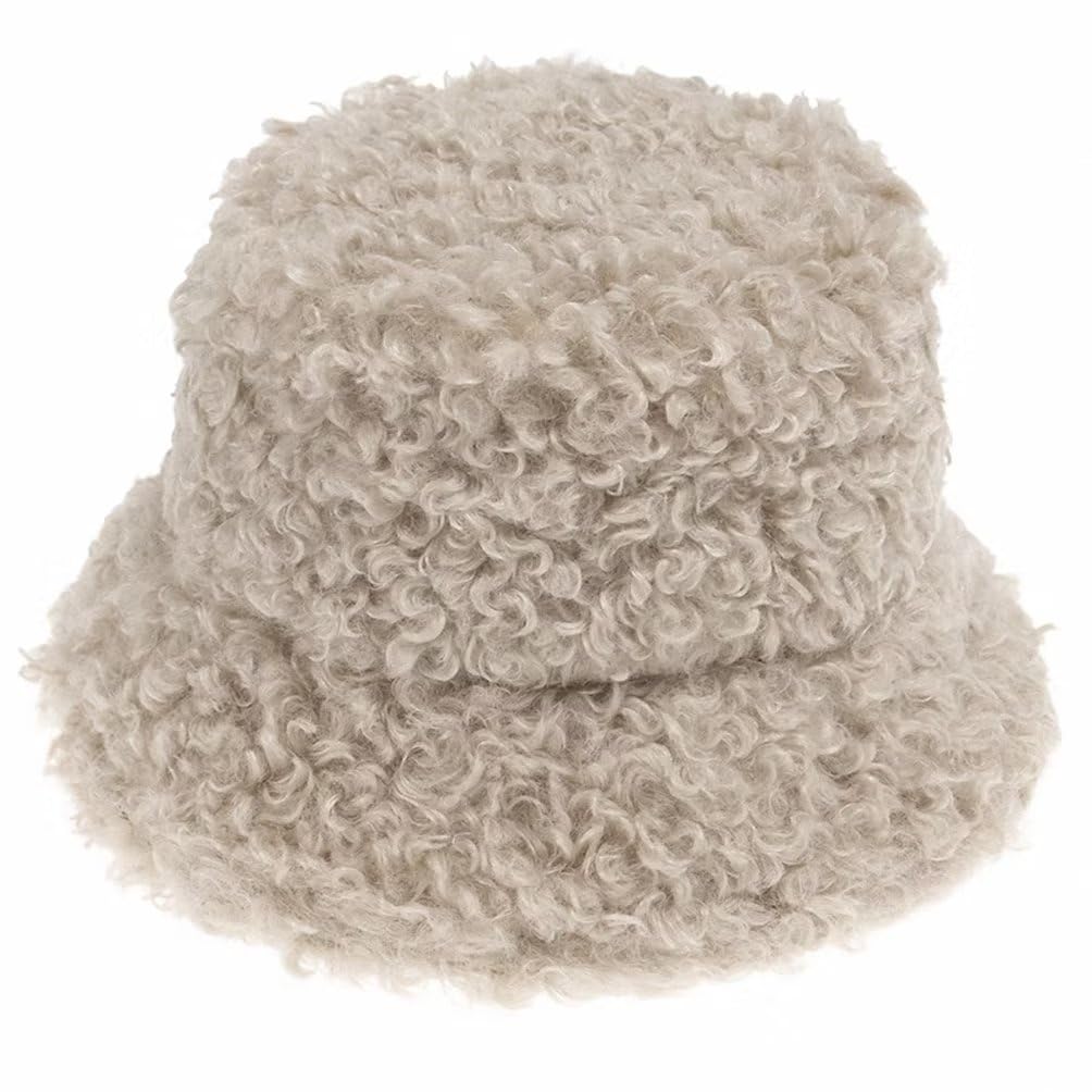 Plancholo Women's Beige Plush Fuzzy Bucket Hat Winter Faux Fur Shearling Fisherman Hat