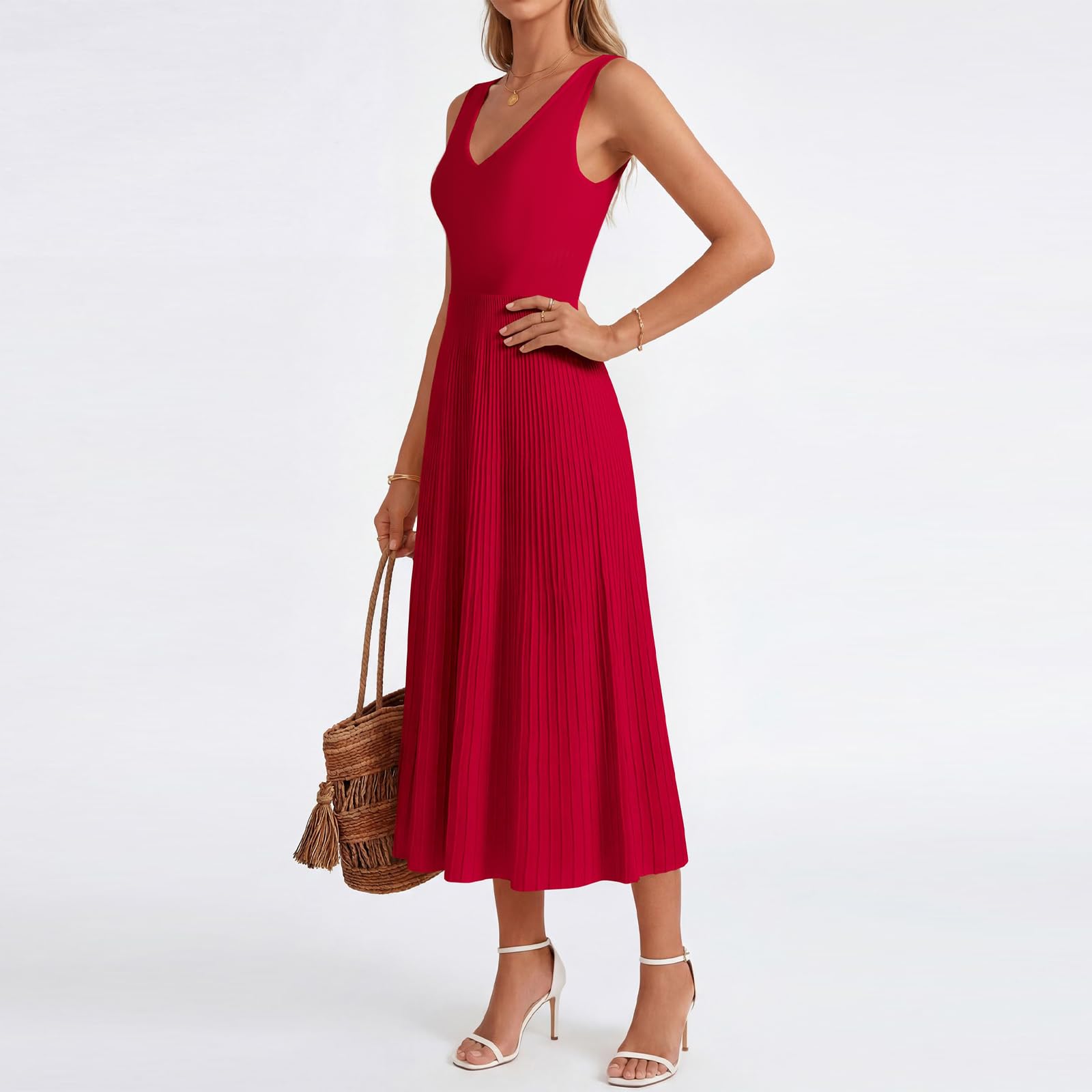 Vestito Donna Elegante Abito da Sera Senza Maniche con Scollo a V Abiti Lungo Plissettato Linea A Swing Abito da Cocktail per Festa Party